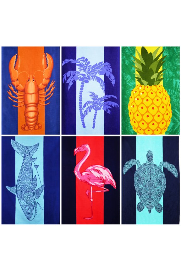 6 Pack Microfiber Beach Towel , 72' x 36 ' Oversized Extra Large Fast QuIck Dry Sand Free Lightweight Proof Mat Camp Big Towels for Adults Men Women Mom Dad Funny Gift - Tropical Flamingo - Turtle