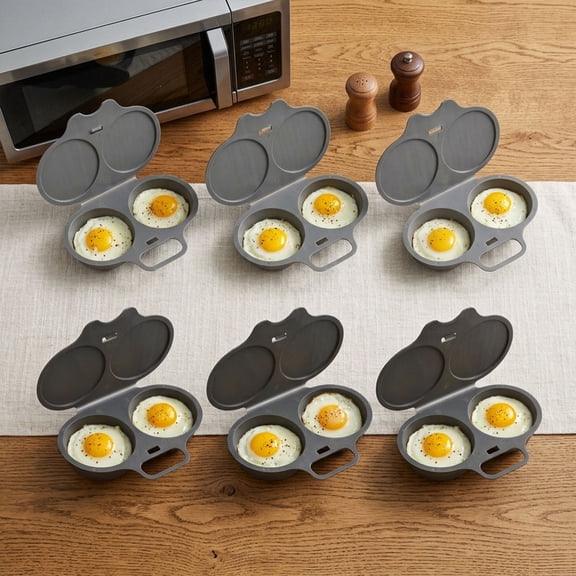 6 Pack Microwave Egg Poacher, Dual Cavity Egg Cooker Dark Gray Light Gray Mixed, Non-Stick Breakfast Egg Maker with Hinged Splash-Proof Lid, Dishwasher Safe Kitchen Gadget
