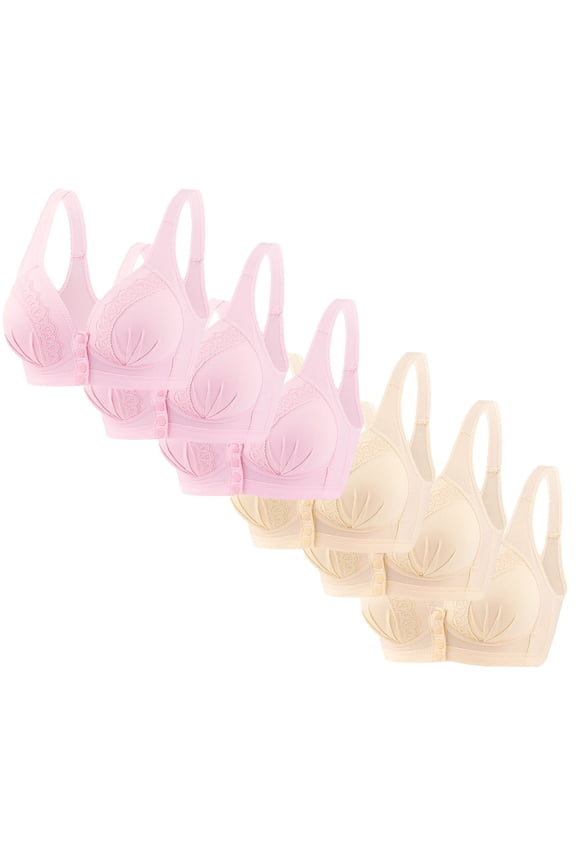 6 Pack Middle-Aged Elder Woman Floral Wirefree Bra Front Button Closeure Soft Cotton Bra for Mom Grandma Gift Bra