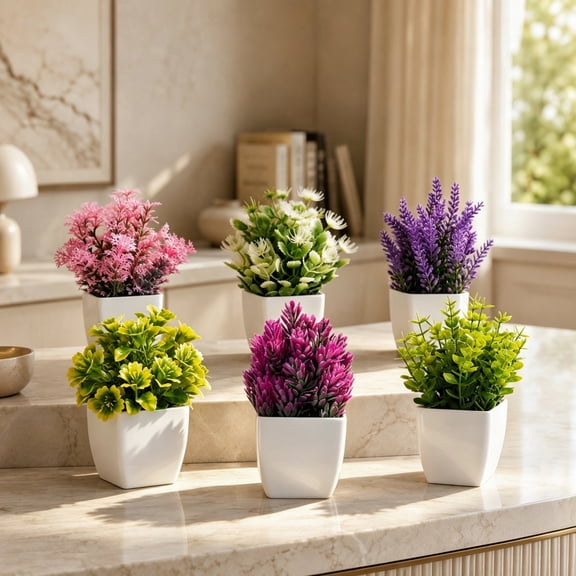 6-Pack Mini Artificial Potted Plants, Faux Eucalyptus Lavender Herbs Flower Pots for Home Office Table Shelf Desk Decor, 6.69" Height