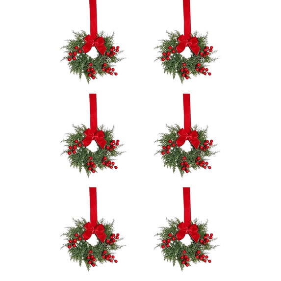 6 Pack Mini Christmas Cabinet Wreaths,10.6 Inch Artificial Cypress Small Wreath with Red Velvet Bow & Red Berries,Xmas Hanging Wreath for Kitchen Cabinet Window Door Holiday Decor