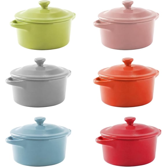 6 Pack Mini Cocotte with Lids, 8 OZ Ceramic Ramekins with Lid and Handles, Round Small Casserole Dishes, Small Baking Individual Serving Pot for Lasagna, Souffle, Soup, Oven Safe, 6 Colors