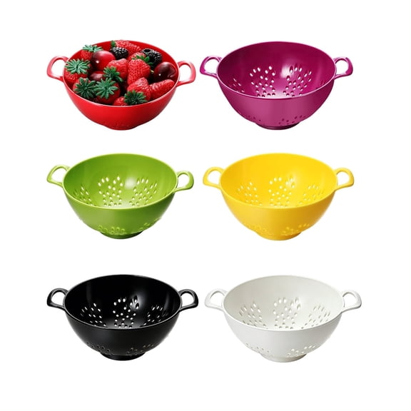 6 Pack Mini Colander for Kitchen Plastic Berry Strainer with Double Handles 7.5 x 6 x 3 Inch Small Colander Strainer for Fruits Vegetables Food (Green, Purple, Red, Lemon Yellow, Black, White)