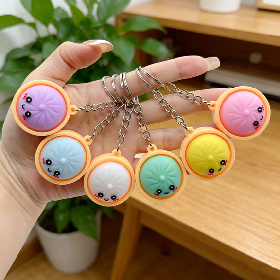 6 Pack Mini Dumpling Keychain, Cute Cartoon Fidget Squeeze Toy for Backpacks Bags, Soft Rubber Xiao Long Bao Stress Relief Charm Set for Adults