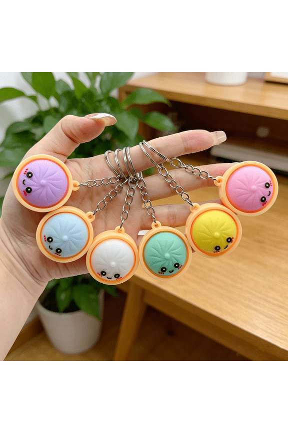 6 Pack Mini Dumpling Keychain, Cute Cartoon Fidget Squeeze Toy for Backpacks Bags, Soft Rubber Xiao Long Bao Stress Relief Charm Set for Adults