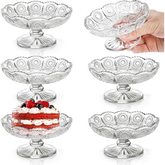 6 Pack Mini Glass Cake Plate, 4'' Dainty Glass Cake Serving Platter, Clear Dessert Display Stand Cat Bowl for Chocolate, Cupcake, Fruit, Wedding, Birthday, Dishwasher Safe
