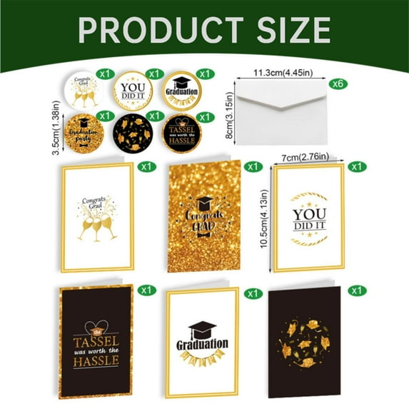 6 Pack Mini Graduation Cards with Envelopes and Stickers - 4.1x2.7 Inch Small Black & Gold Congratulation Note Cards - "You Did It" Blank Gift Enclosure Bulk Set
