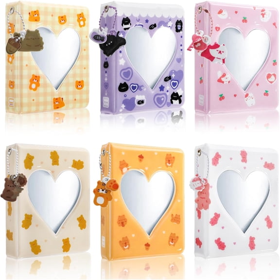 6 Pack Mini Photocard Album Binder, 3 Inch Mini Photo Album Kpop Photo Card Holder Book with Pendant, Heart Hollow Photocard Binder for Collecting, 40 Pockets