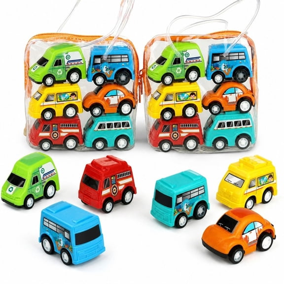 6 Pack Mini Pull Back Car Toy Set,Q Version Plastic City Vehicle Models Toddler Mini Car Playset for Educational Birthday Gift,Assorted Cartoon Inertia Cars Random Colors