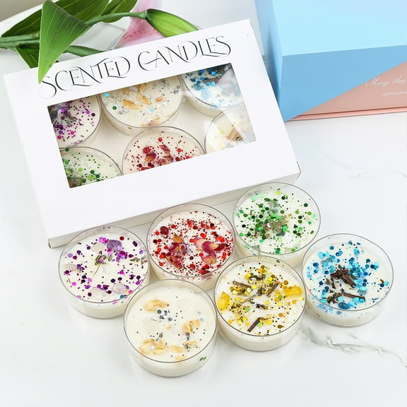 6-Pack Mini Scented Candles Gift Set Soy Tealight Candles with Dried Flowers & Glitter for Home, Spa, Wedding Favors & Bridesmaid Gifts Jasmine, Lavender, Rose & More