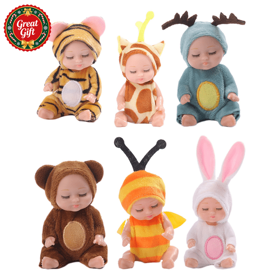 6 Pack Mini Sleeping Newborn Baby Dolls with Plush Animal Onesies, Lifelike Soft Vinyl Infant Doll for Pretend Play, Kids Nurturing Toy, Christmas Birthday Gift for Toddler Boys Girls Ages 3 and Up