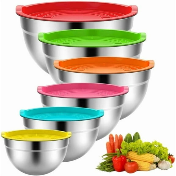 6 Pack Mixing Bowls with Lids Metal Nesting Storage Bowls for Kitchen 4.5/3/2.5/2/1.5/0.75QT Great for Prep Baking Serving in Assorted Colors