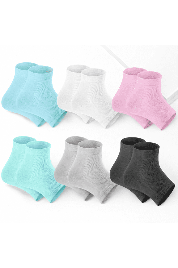 6 Pack Moisturizing Gel Heel Socks Open Toe for Dry Cracked Feet Washable Reusable