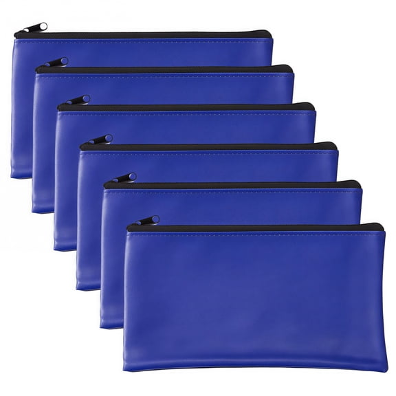 6 Pack Money Bag with Secure Zipper Closure, PU Cash Deposit Pouches, 28x16cm (11x6.3in), Blue