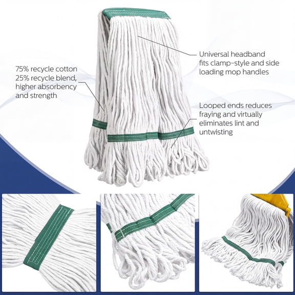 6 Pack Mop Replacements, 18 Oz End Cotton String Mop Refills, White and Green, 28 x 12.5 Inch for Floor Cleaning