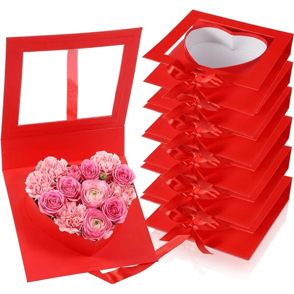 6 Pack Mother's Day Heart Shaped Flower Gift Box Treat Fillable Gift Packaging Boxes with Ribbon Heart Cardboard Fillable Flower Present Box for Wedding Birthday Love Favors(Red)
