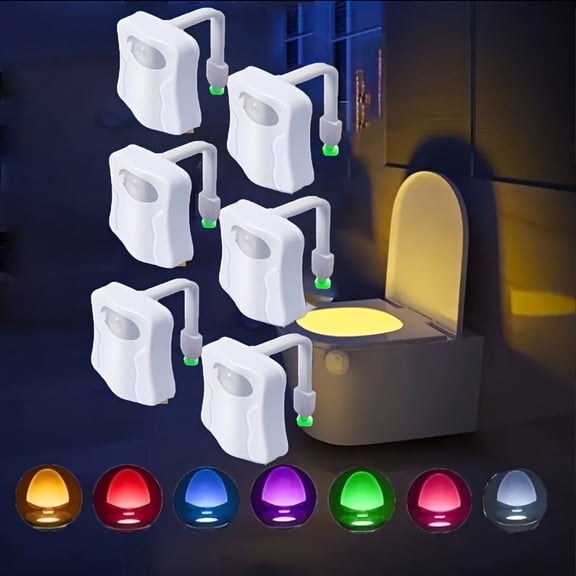 6-Pack Motion Sensor LED Toilet Night Light, 16 Color Changing, Battery Powered, Acrylic Shade, Recessed Button, Soft Glow, Ideal Mothers Day Gifts for Women