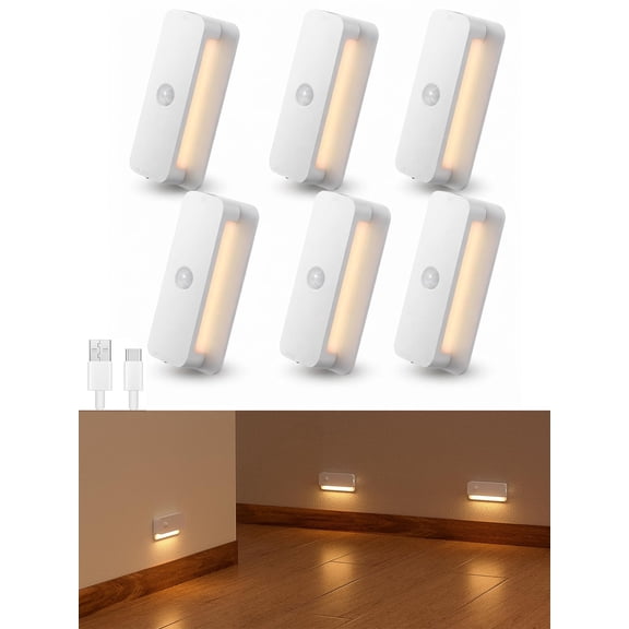 6 Pack Motion Sensor Night Light, Rechargeable Stair Lights Indoor, Warm White Motion Sensor Light Indoor, Battery Operated Night Light for Hallway, Stairway, Bathroom, Bedroom, Kitchen