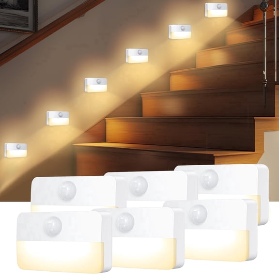 6 Pack Motion Sensor Stair Lights, Battery Operated Hallway Lights, Wireless Sensor Night Lights for Bedroom Cabinet Hallway
