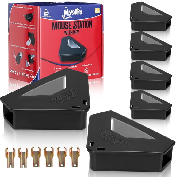 6 Pack Mouse Bait Stations with Visible Window & Keys, Lockable Rodent Control Boxes Triangular Mice Traps Box for Indoor Outdoor Corners Garage Kitchen, Bait Not Included (Black)