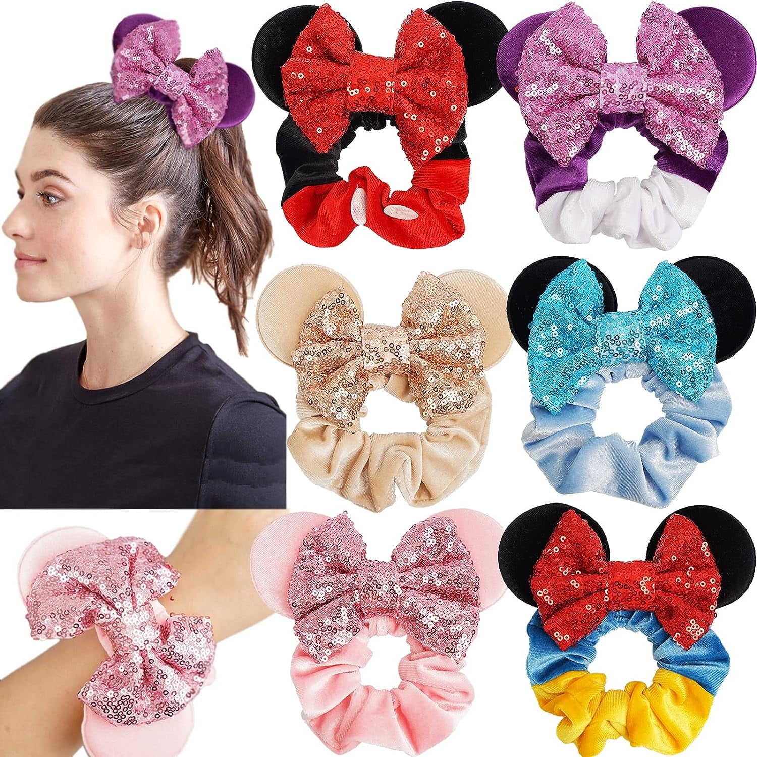 6 Pack Mouse Mickey Ears Scrunchies Velvet Sparkle Sequin Minnie Bows Hair Scrunchies for Kids Women Girls Adult Christmas Party Decoration