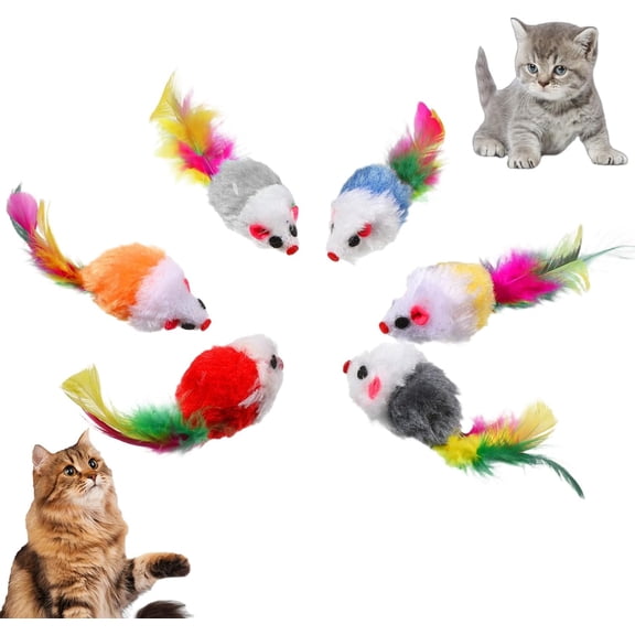 6 Pack Mouse Toys for Cats, Furry Rattle Interactive Mice Toys with Feather Tails Realistic Faux Fur Cat Mouse Toys for Indoor Cats & Kittens (RL Random color)