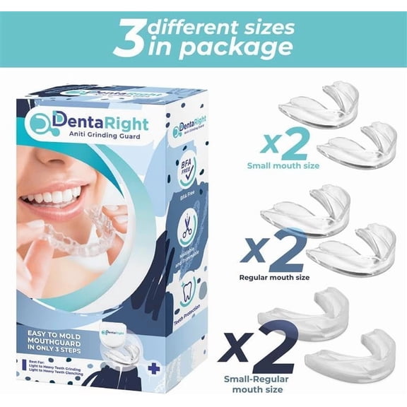 6-Pack Mouth Guards for Grinding Teeth at Night Reusable, Trimmable, Moldable Boil-and-Bite Dental Night Guards for Clenching 3 Sizes (2 Regular, 2 Heavy-Duty, 2 Small) (3.018 mm,6.0 mm,3.0 mm)