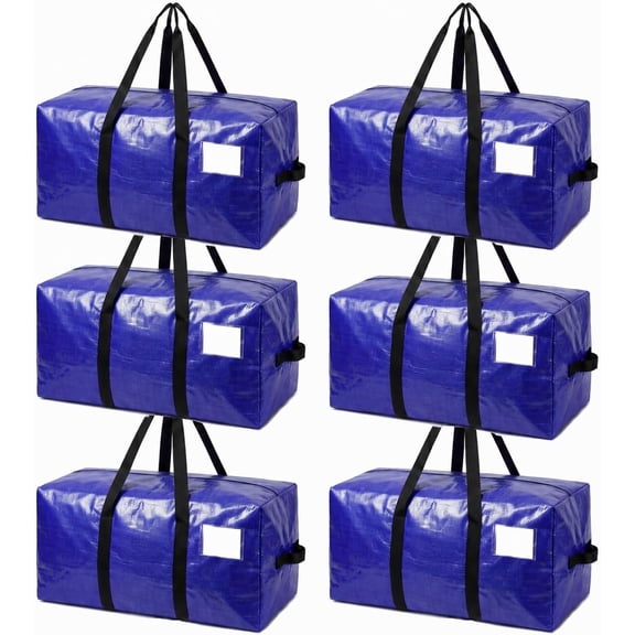 6 Pack Moving Bags Heavy Duty, Extra Large Storage Totes Bag with Zippers and Sturdy Handles, Packing Bags for Moving, Storage, Travel, Space Saving, Moving Boxes College Essentials Blue