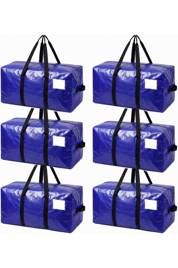 6 Pack Moving Bags Heavy Duty, Extra Large Storage Totes Bag with Zippers and Sturdy Handles, Packing Bags for Moving, Storage, Travel, Space Saving, Moving Boxes College Essentials Blue