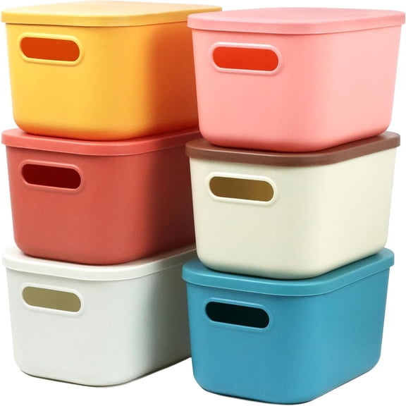 6-Pack Multi-Color Plastic Storage Bins with Lids, Small Stackable Boxes
