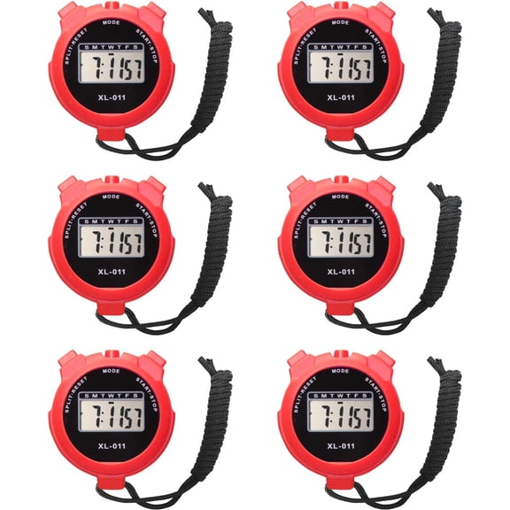6-Pack Multi-Function Electronic Digital Sport Stopwatch Timer, Large Display with Date Time and Alarm Function, Sports Coaches Fitness Referees Red