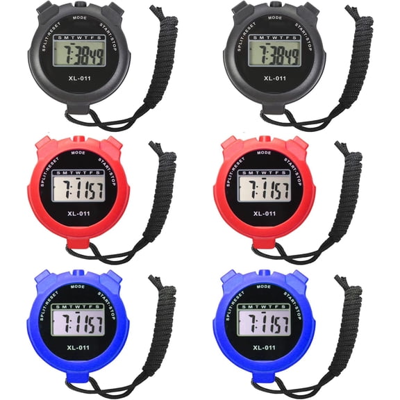 6-Pack Multi-Function Electronic Digital Sport Stopwatch Timer, Large Display with Date Time and Alarm Function, Sports Coaches Fitness Referees