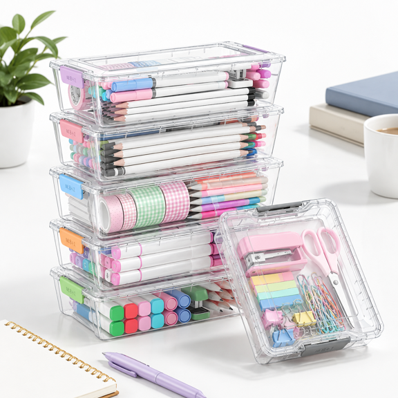 6 Pack Multicolor Extra Large Plastic Pencil Case Storage Set