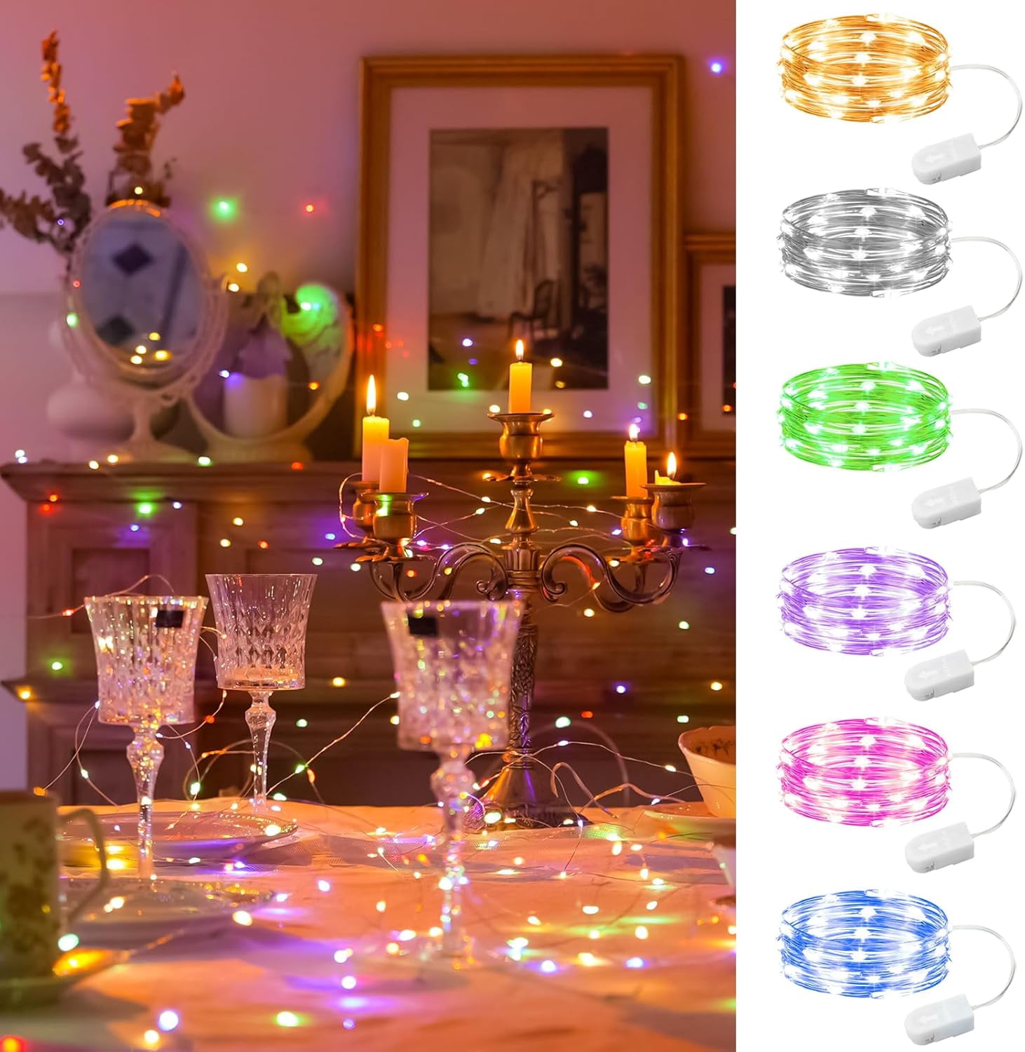 6 Pack Multicolor Fairy Lights Battery Operated, 7ft 20LED Mini Fairy ...