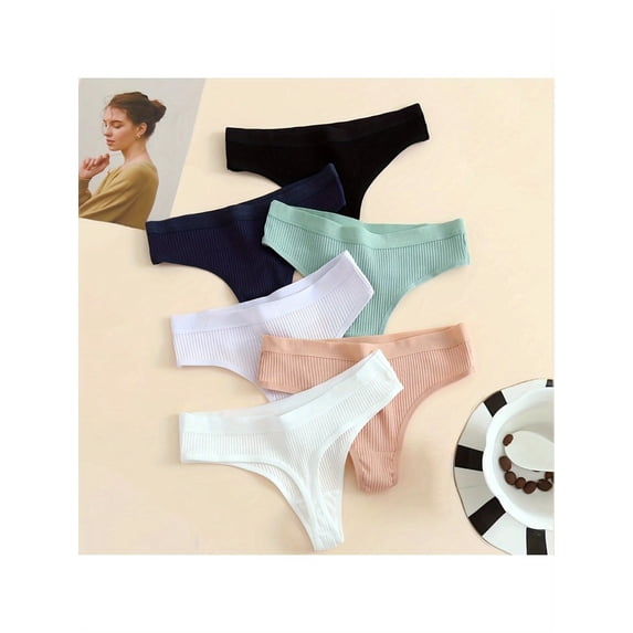 6-Pack Multicolor Ladies Panties Sexy Thong Women Mid-Low Waist Ladies Comfortable Breathable T Panties Simple Women Thong Panties (S-2XL)