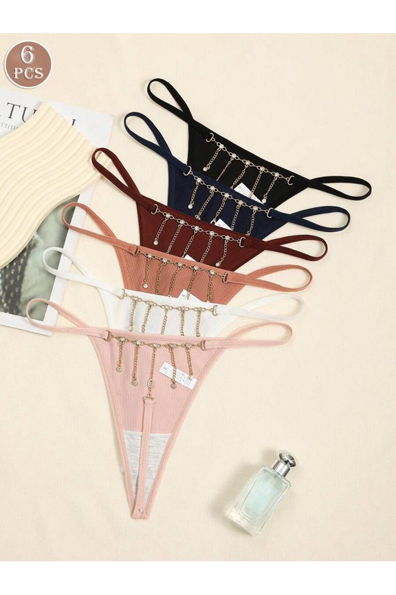 6-Pack Multicolor Rhinestone Chain Tassel Thong Panties