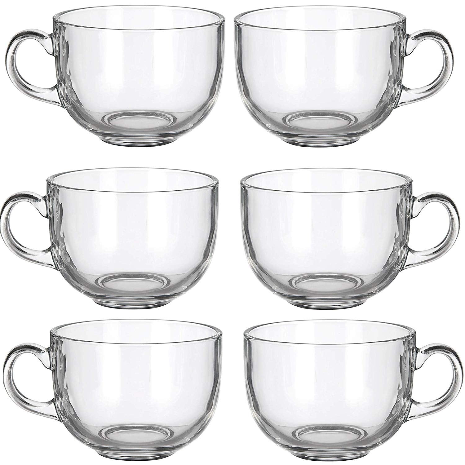 Vivimee Large Glass Coffee Mugs, Clear, Set of 6, 15 oz with Handles for Hot Beverages, Clear Mugs for Tea, Cappuccino, Latte