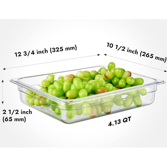 6 Pack NSF Food Pans, Half Size 2 1/2 Inch Deep, Commercial Polycarbonate Plastic Clear Freezer-Safe