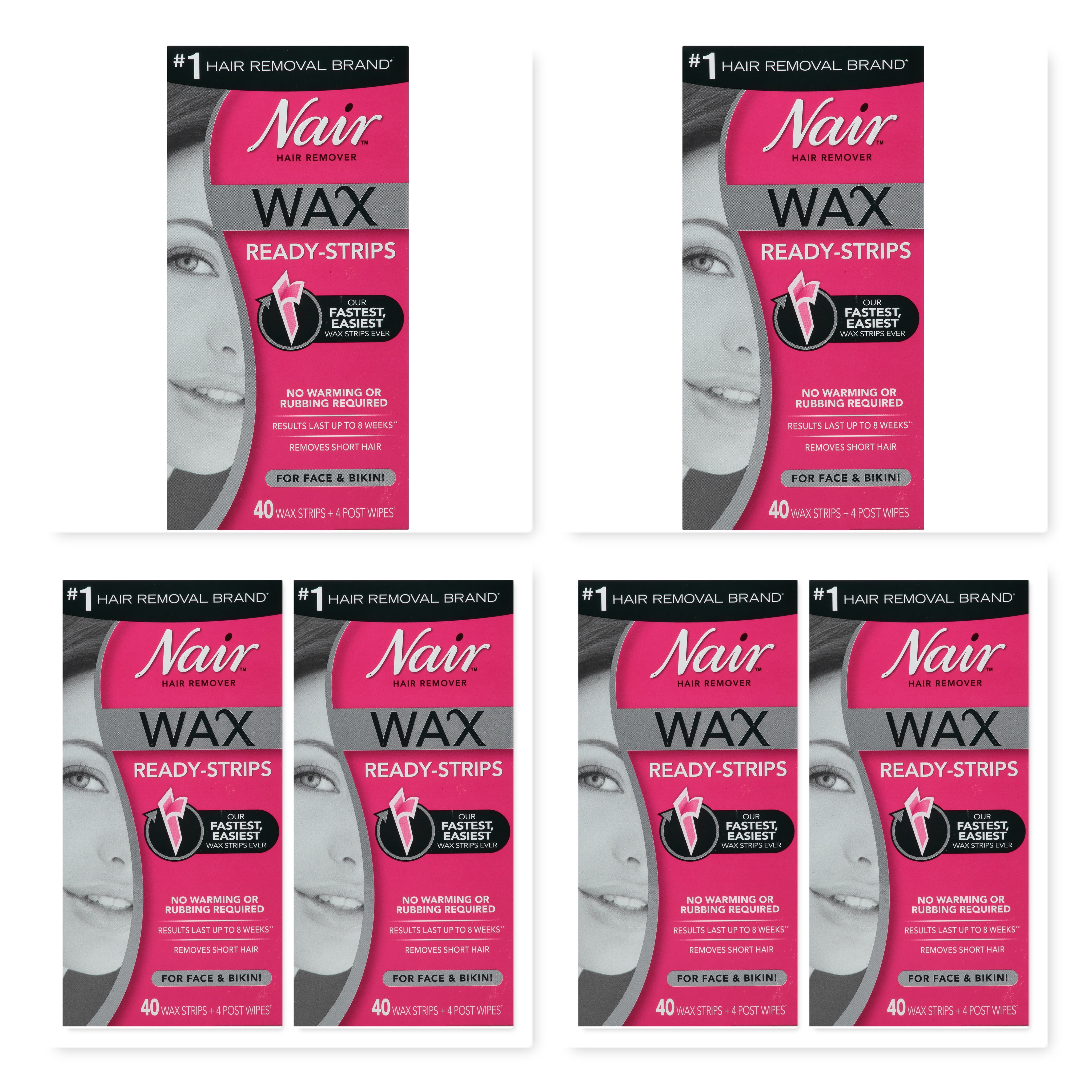 6 Pack Nair Hair Remover Wax ReadyStrips for Face & Bikini 40 Wax