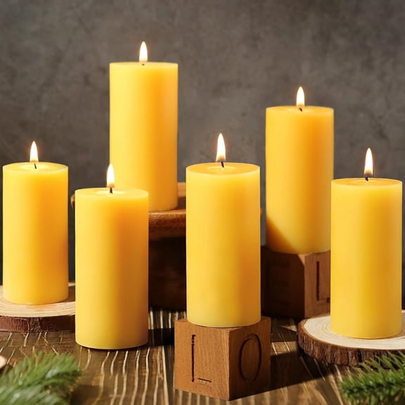 6 Pack Natural Beeswax Pillar Candles, Cotton Wicks, Handmade, Honey Scent