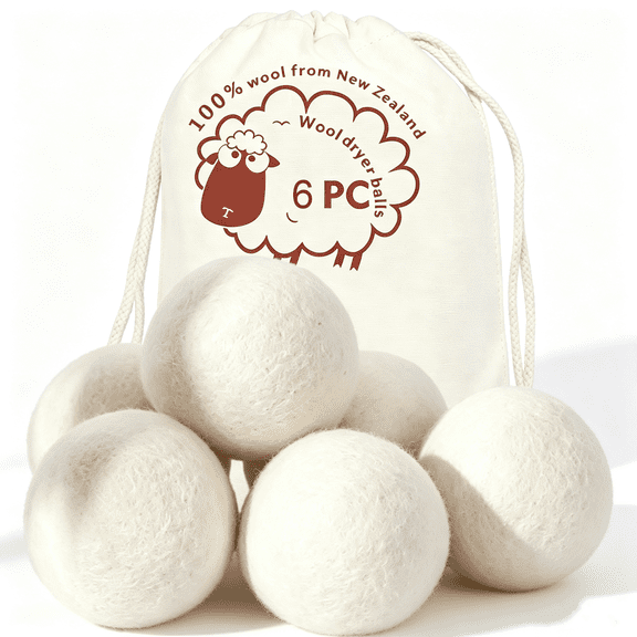 6 Pack All Natural Organic Wool Dryer Balls XL, Reusable Chemical Free Fabric Softener, Anti Static, Reduces Clothing Wrinkles, Saves Drying Time