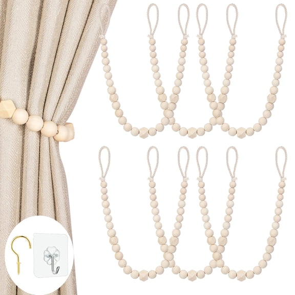 6-Pack Natural Wood Bead Curtain Tie Backs with Gold Hooks - 22.8 Inch Handmade Boho Farmhouse Style Drape Holdbacks for Living Room, Bedroom, Office