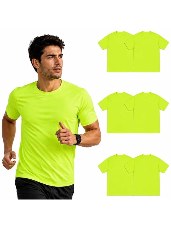 6 Pack Neon Performance Green T-Shirts for Men, Moisture Wicking Athletic Tee, Lightweight Quick Dry High Visibility Shirt (2X-Large)