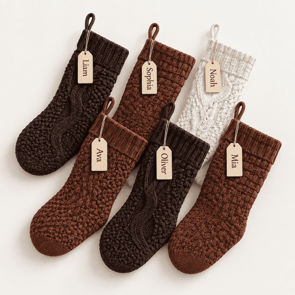 6 Pack Neutral Colors Cable Knit Christmas Stockings, 18 Inch and 15 Inch Sizes
