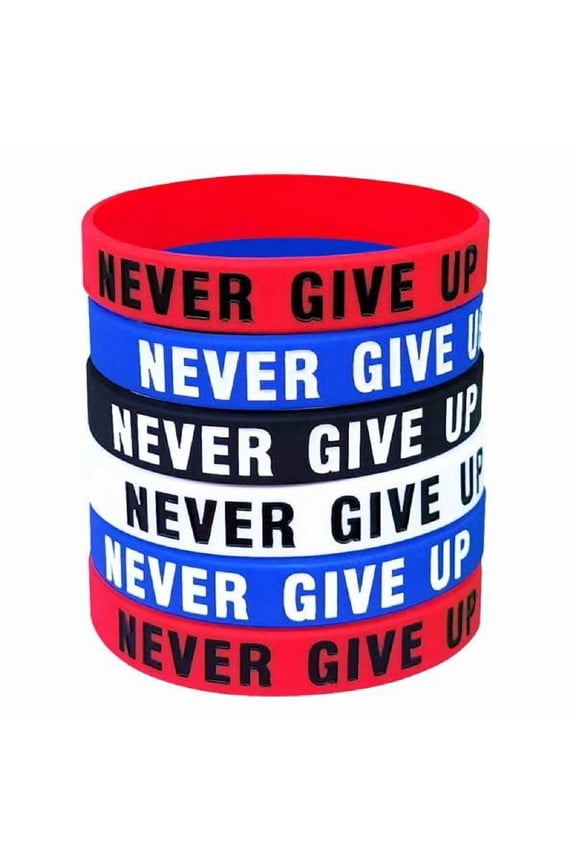 6-Pack "Never Give Up" Motivational Silicone Wristbands | Inspirational Rubber Bracelets for Sports, Gym, Student Rewards, Team Gifts