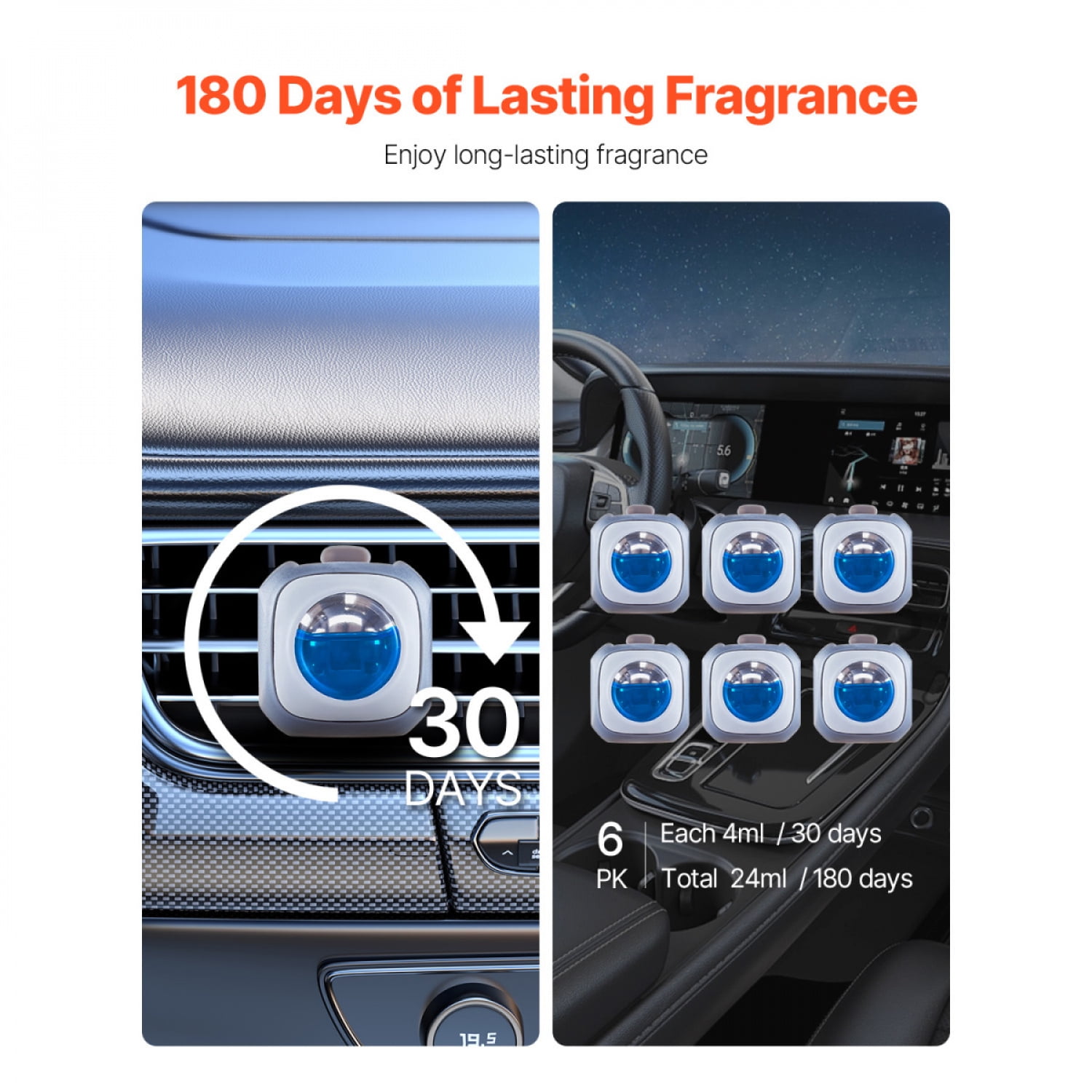 6 Pack New Car Scent Vent Clip Car Air Freshener 4ml Each Long Lasting Adjustable Fragrance Intensity Grey Blue Plastic
