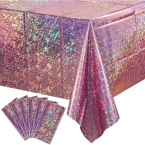 6 Pack New Iridescent Pink Tablecloth Party Decorations, Holographic Pink Glitter Plastic Tablecloth, Disposable Laser Rectangle Table Cover for Disco Birthday 70s Theme Party Decorations, 54x108 Inc