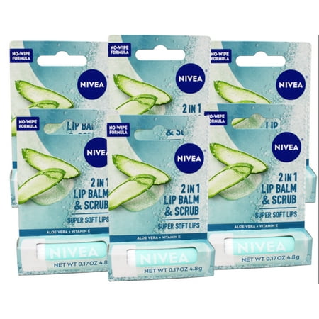6 Pack - Nivea 2in1 Lip Balm & Scrub Super Soft Lips, Aloe Vera + Vitamin E, 0.17 oz (4.8 g)