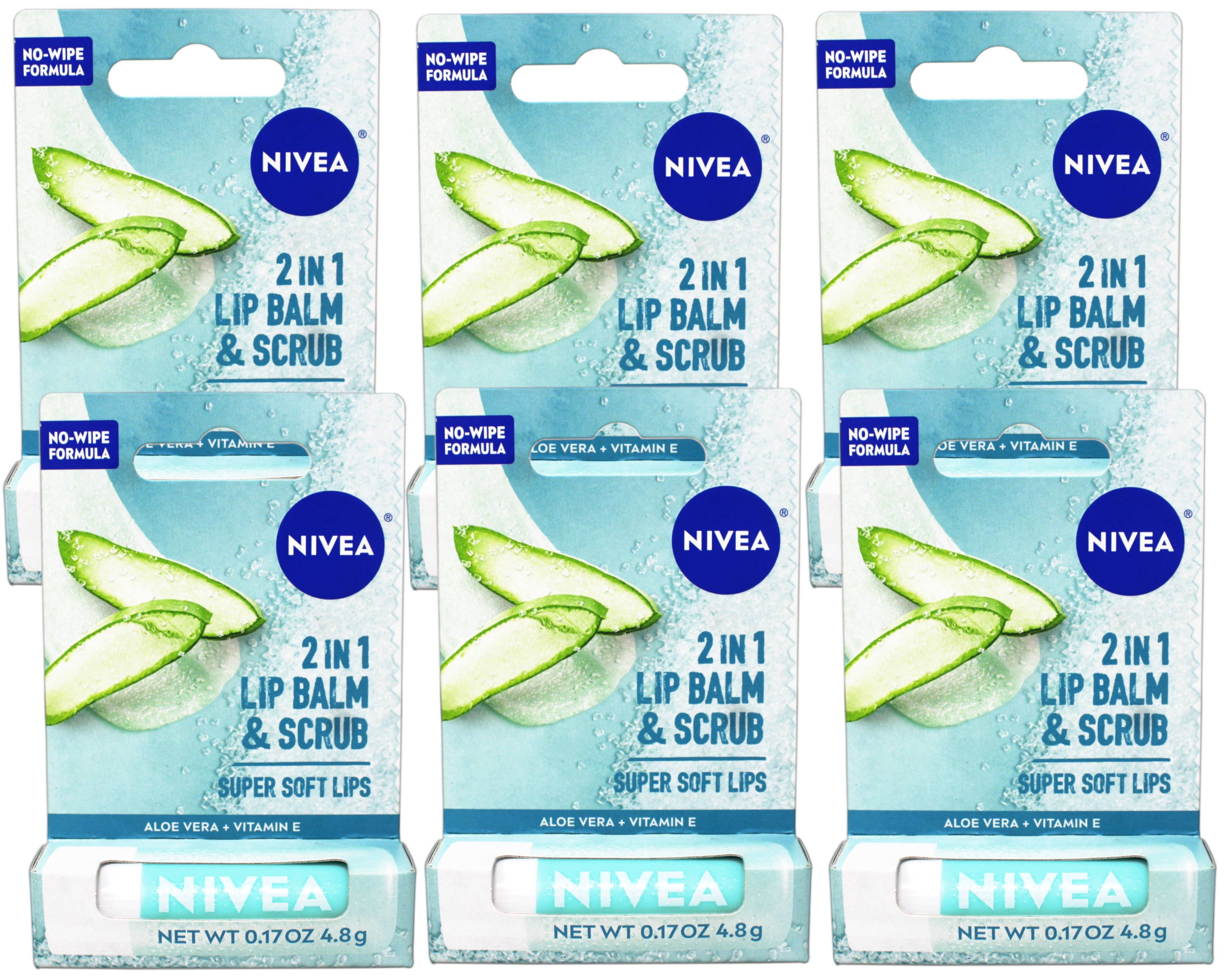 6 Pack - Nivea 2in1 Lip Balm & Scrub Super Soft Lips, Aloe Vera + Vitamin E, 0.17 oz (4.8 g)