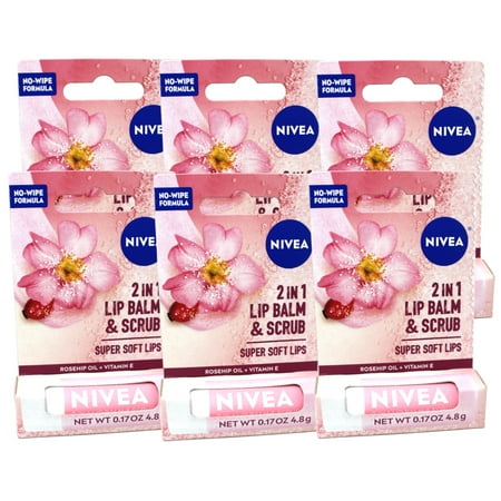 6 Pack - Nivea 2in1 Lip Balm & Scrub Super Soft Lips, Rosehip Oil + Vitamin E, 0.17 oz (4.8 g)